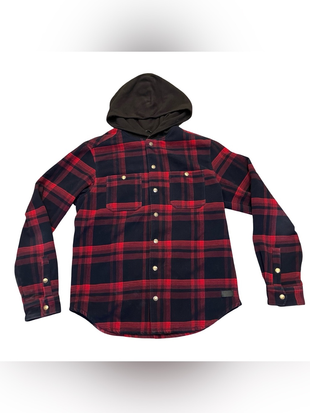 Roots Canada Red Plaid Flannel Jacket Hoodie Fleece Lined Large Shacket Cabincor